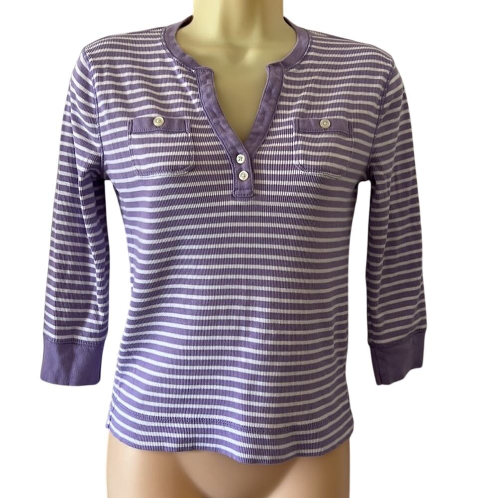 American Living Woman Size S Purple & White Striped Knit Top Pullover 3/4 Sleeve
